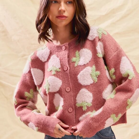 SO ME Strawberry Fruit All Over Button Sweater Cardigan - Picture 1 of 16
